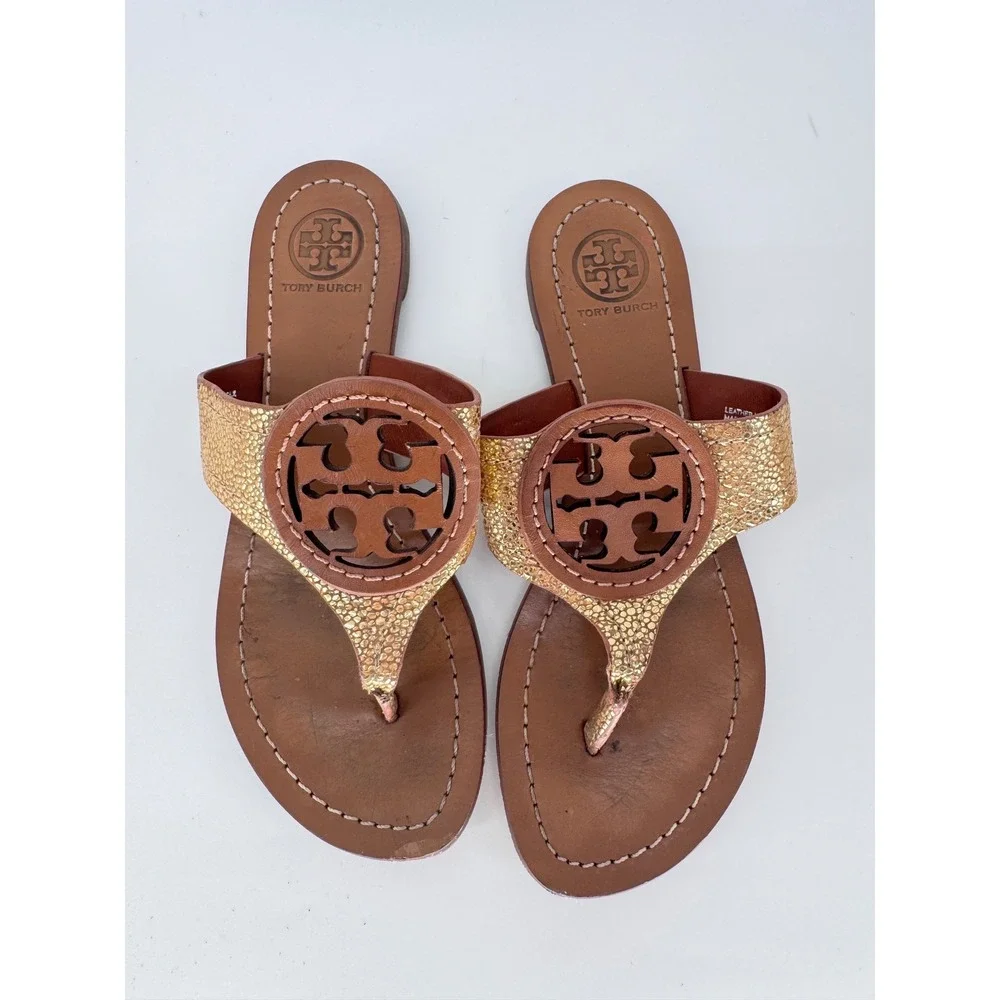 Tory Burch Miller Metallic Gold Leather Logo Thong Sandals Women's 5.5